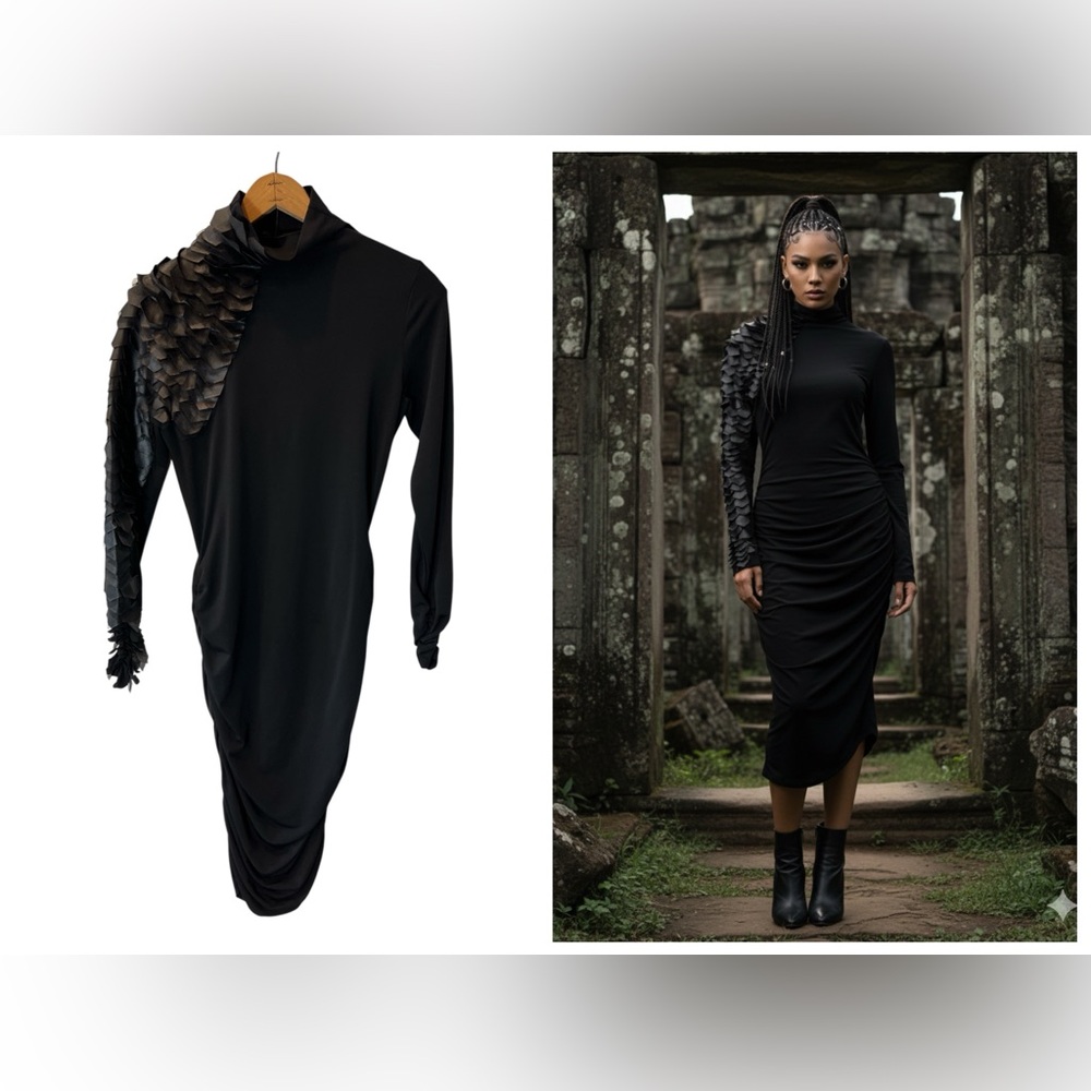 Black Mock Neck Bodycon Dress with Dragon Scale Detailing by Goodtime USA